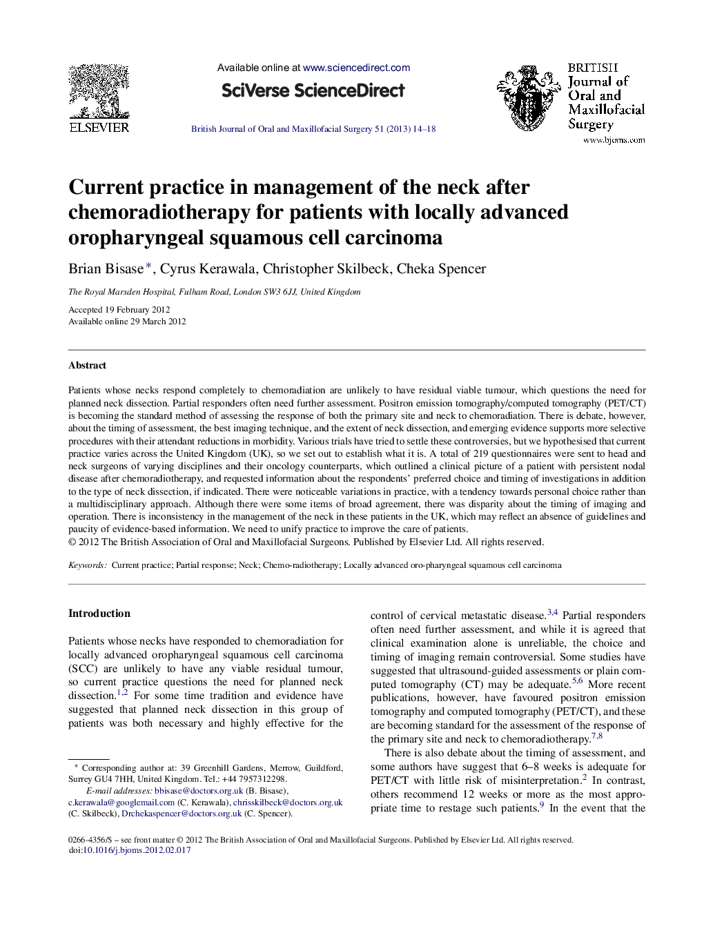 Current practice in management of the neck after chemoradiotherapy for patients with locally advanced oropharyngeal squamous cell carcinoma