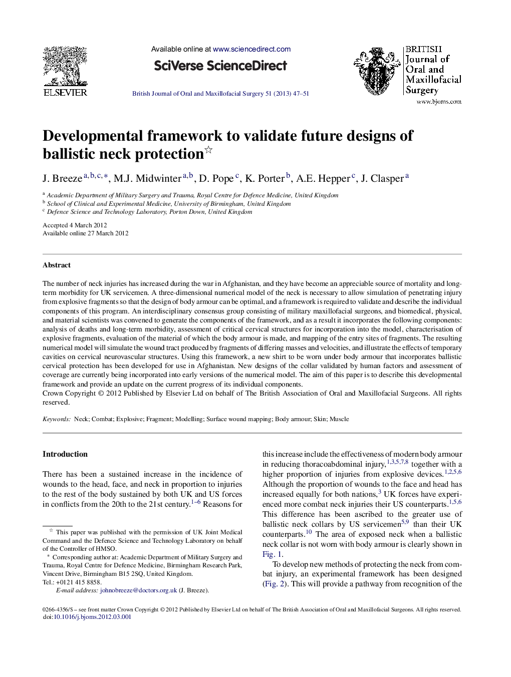 Developmental framework to validate future designs of ballistic neck protection 