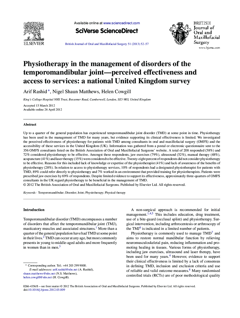 Physiotherapy in the management of disorders of the temporomandibular joint—perceived effectiveness and access to services: a national United Kingdom survey