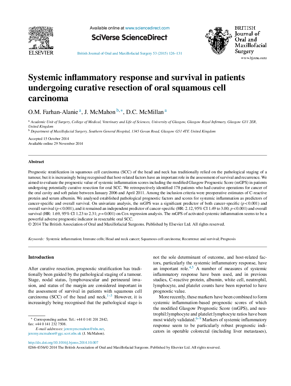 پاسخ سیستماتیک التهابی و بقای آن در بیماران تحت عمل جراحی برداشتن کارسینوم سلول سنگفرشی دهانی 