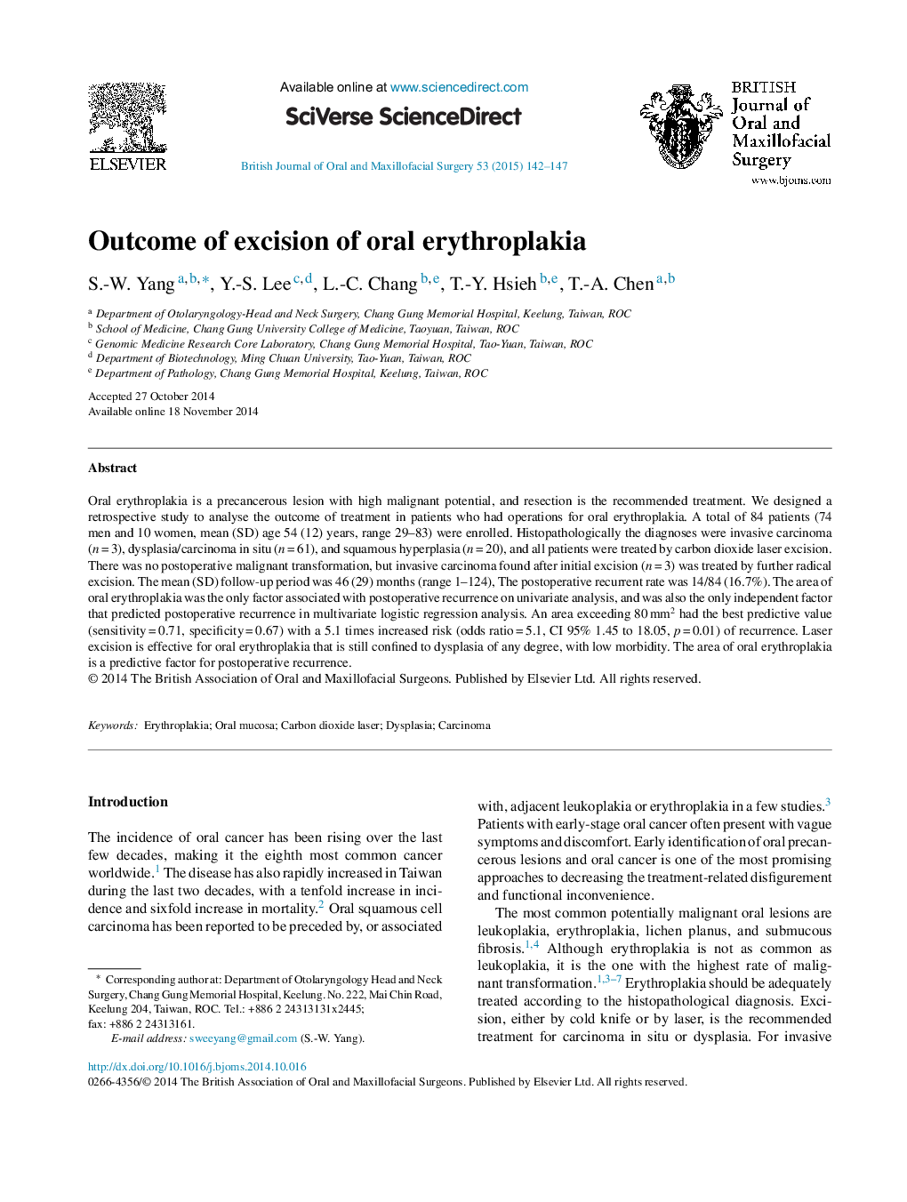 Outcome of excision of oral erythroplakia