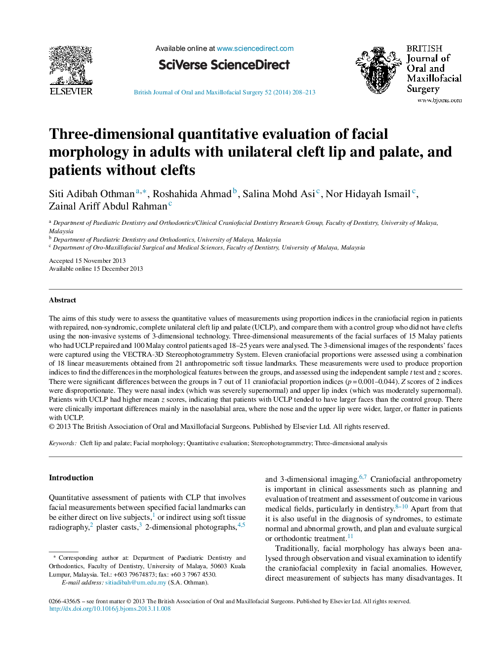 ارزیابی کمی از سه بعدی مورفولوژی صورت در بزرگسالان مبتلا به لب و سینه شکاف یک طرفه و بیماران بدون شکاف 