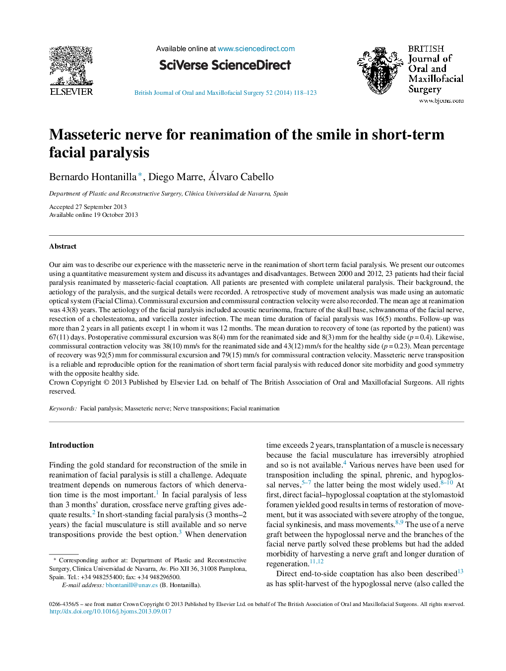 Masseteric nerve for reanimation of the smile in short-term facial paralysis