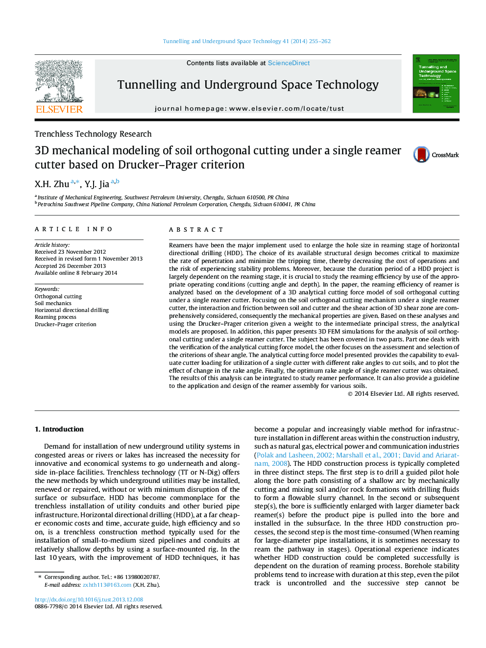 3D mechanical modeling of soil orthogonal cutting under a single reamer cutter based on Drucker–Prager criterion