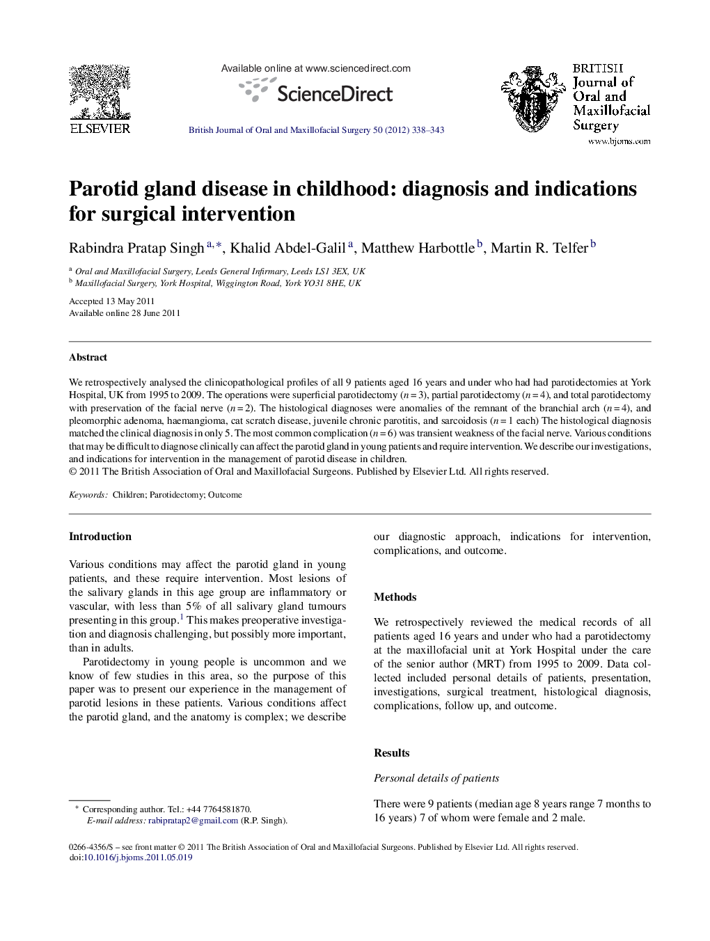 Parotid gland disease in childhood: diagnosis and indications for surgical intervention