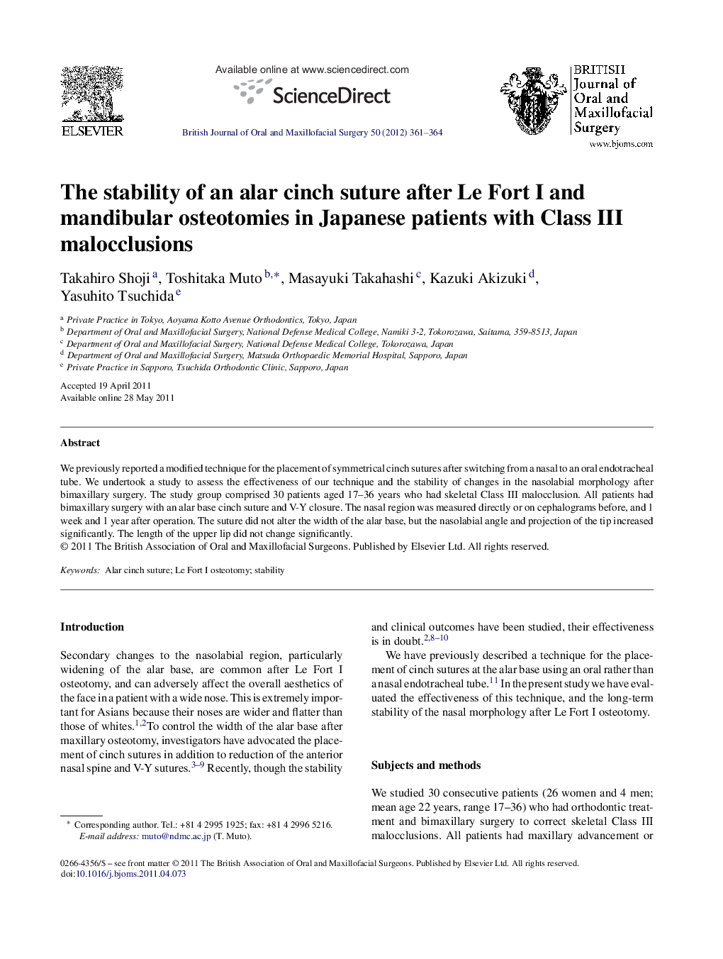 The stability of an alar cinch suture after Le Fort I and mandibular osteotomies in Japanese patients with Class III malocclusions