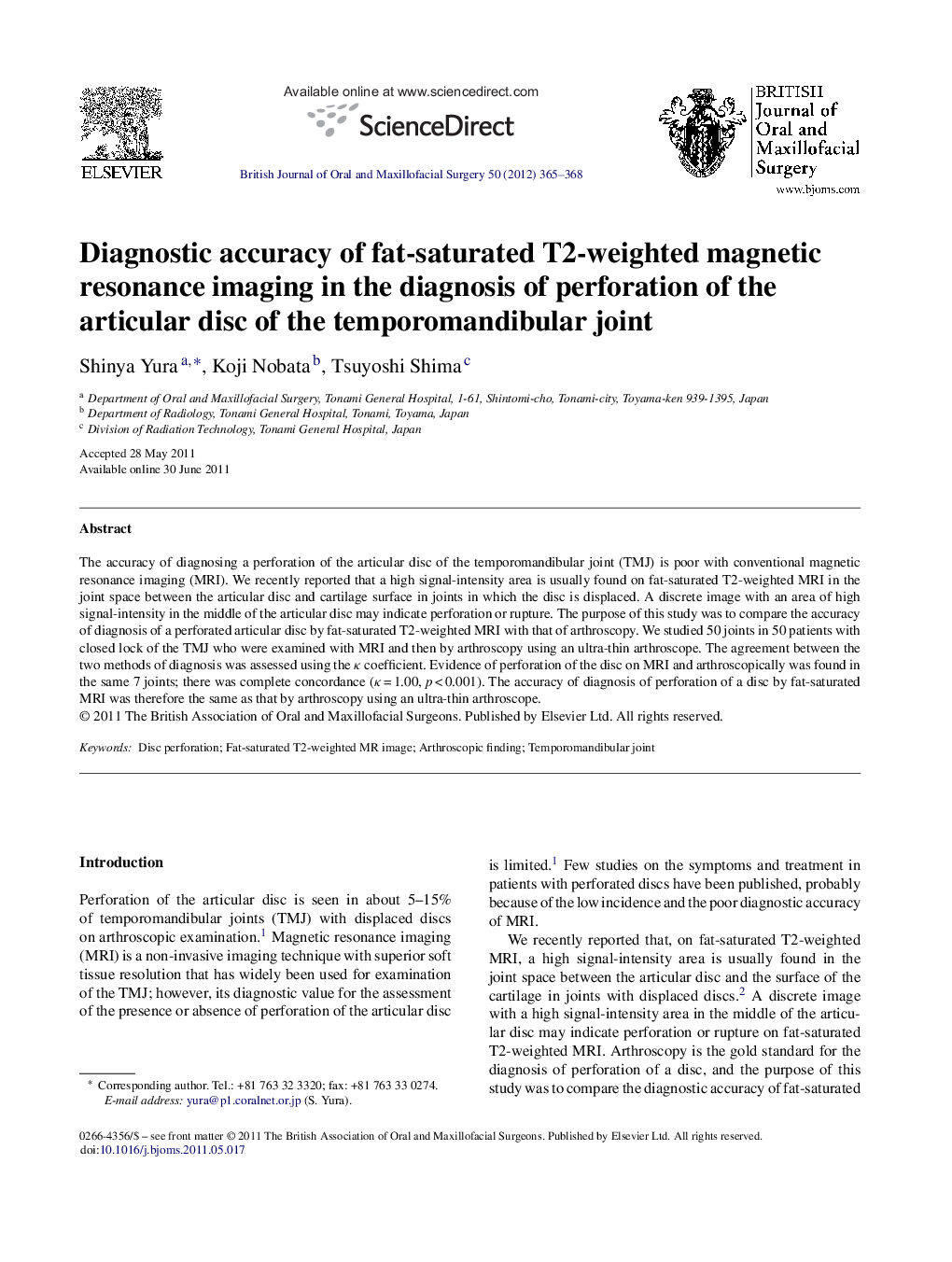 Diagnostic accuracy of fat-saturated T2-weighted magnetic resonance imaging in the diagnosis of perforation of the articular disc of the temporomandibular joint