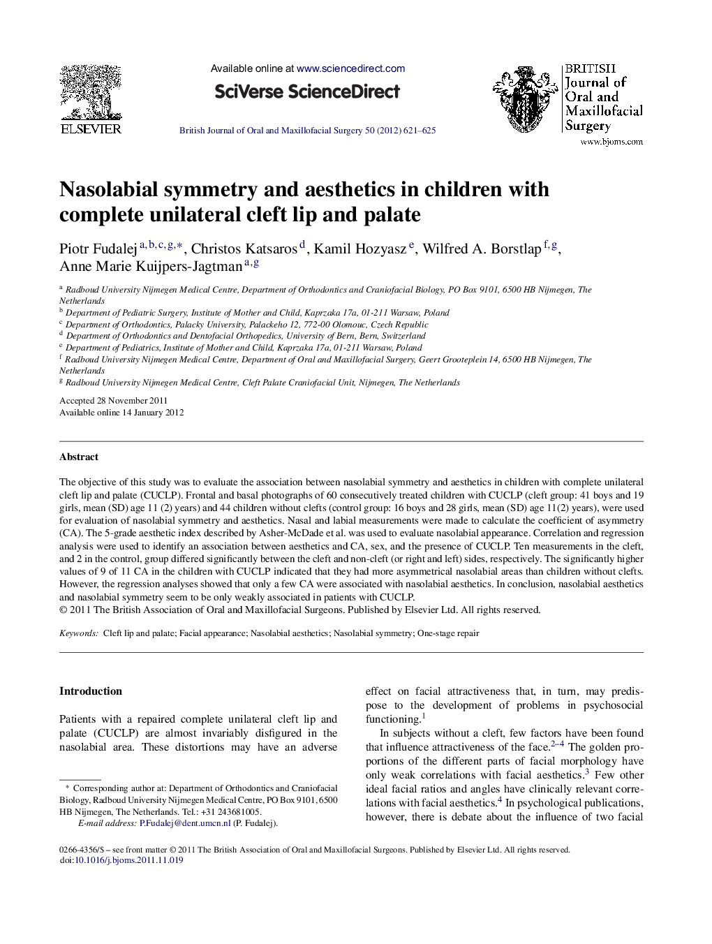 Nasolabial symmetry and aesthetics in children with complete unilateral cleft lip and palate