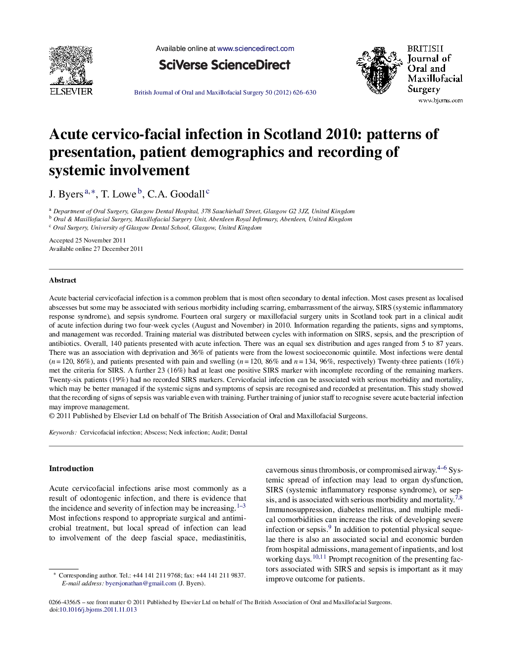 Acute cervico-facial infection in Scotland 2010: patterns of presentation, patient demographics and recording of systemic involvement