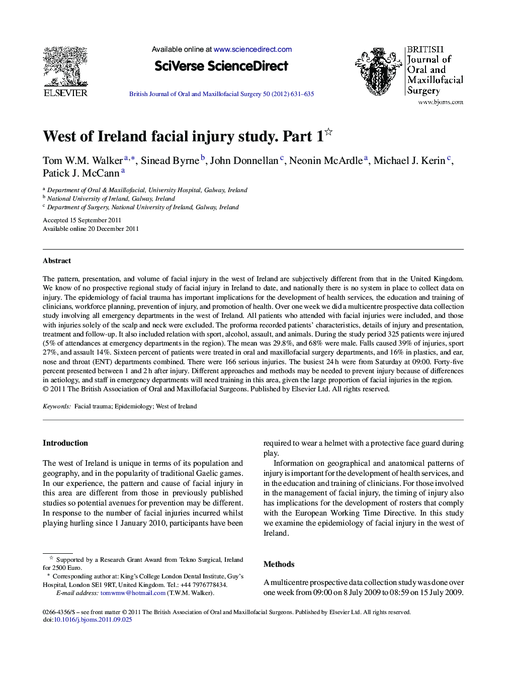 West of Ireland facial injury study. Part 1 