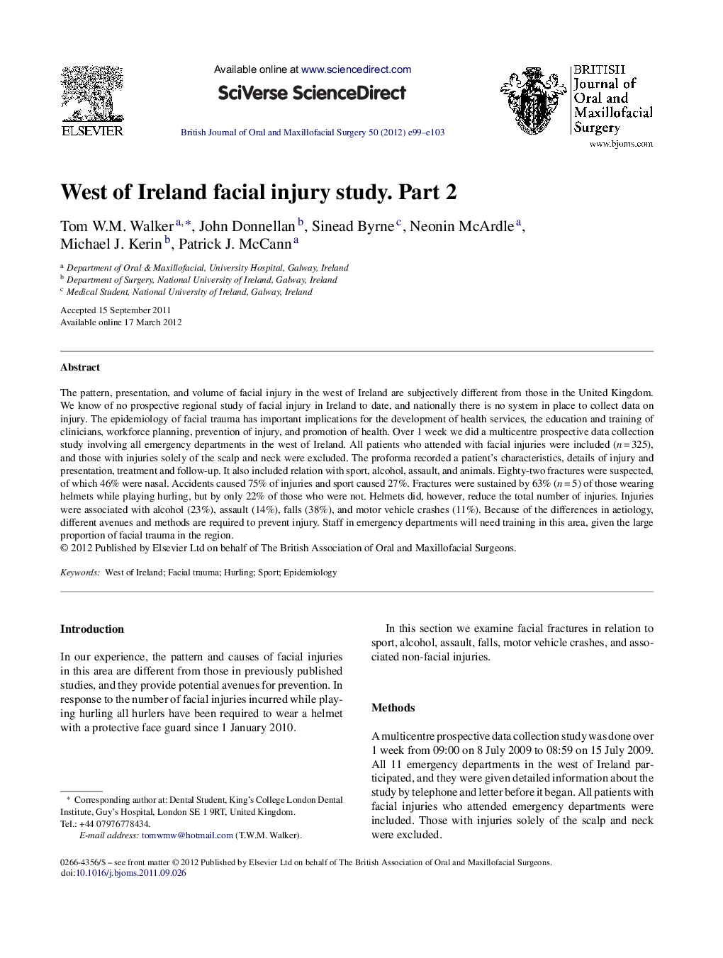 West of Ireland facial injury study. Part 2