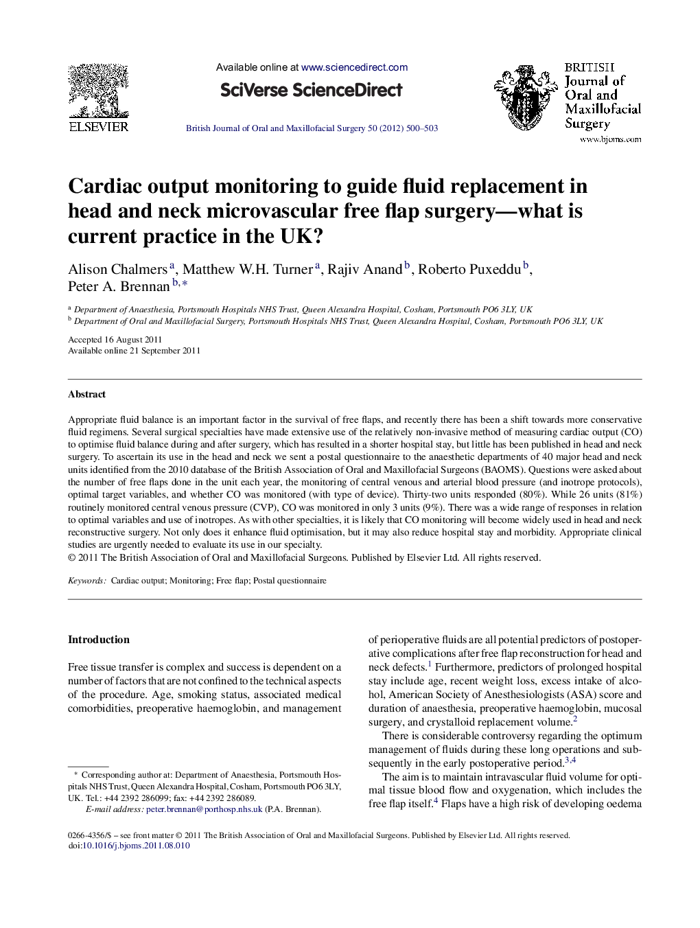 Cardiac output monitoring to guide fluid replacement in head and neck microvascular free flap surgery—what is current practice in the UK?