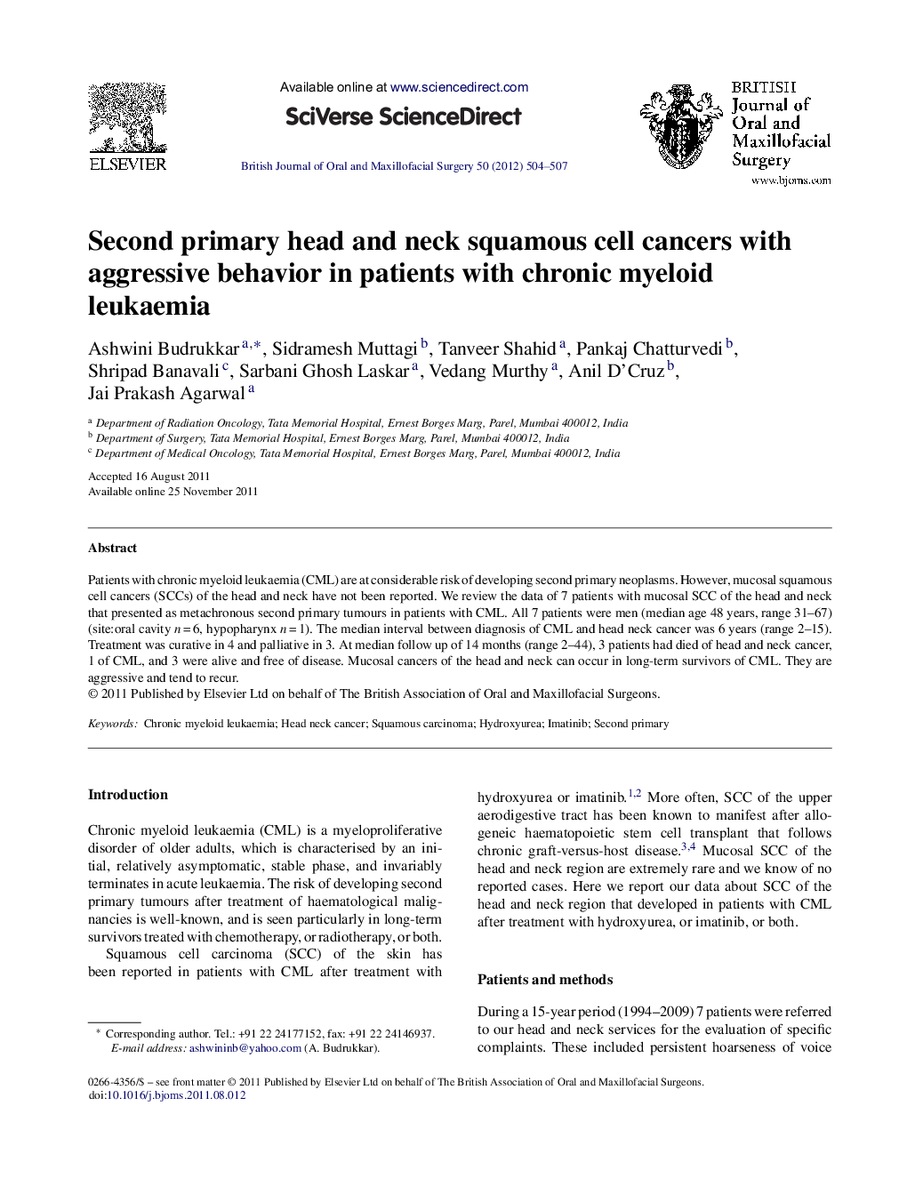 Second primary head and neck squamous cell cancers with aggressive behavior in patients with chronic myeloid leukaemia