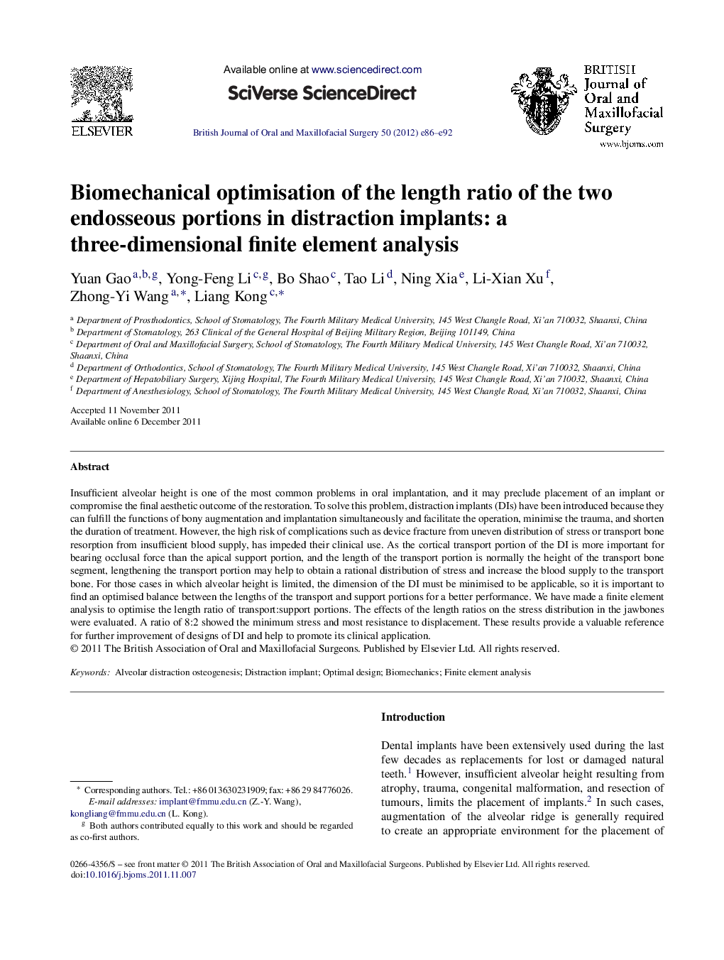 Biomechanical optimisation of the length ratio of the two endosseous portions in distraction implants: a three-dimensional finite element analysis