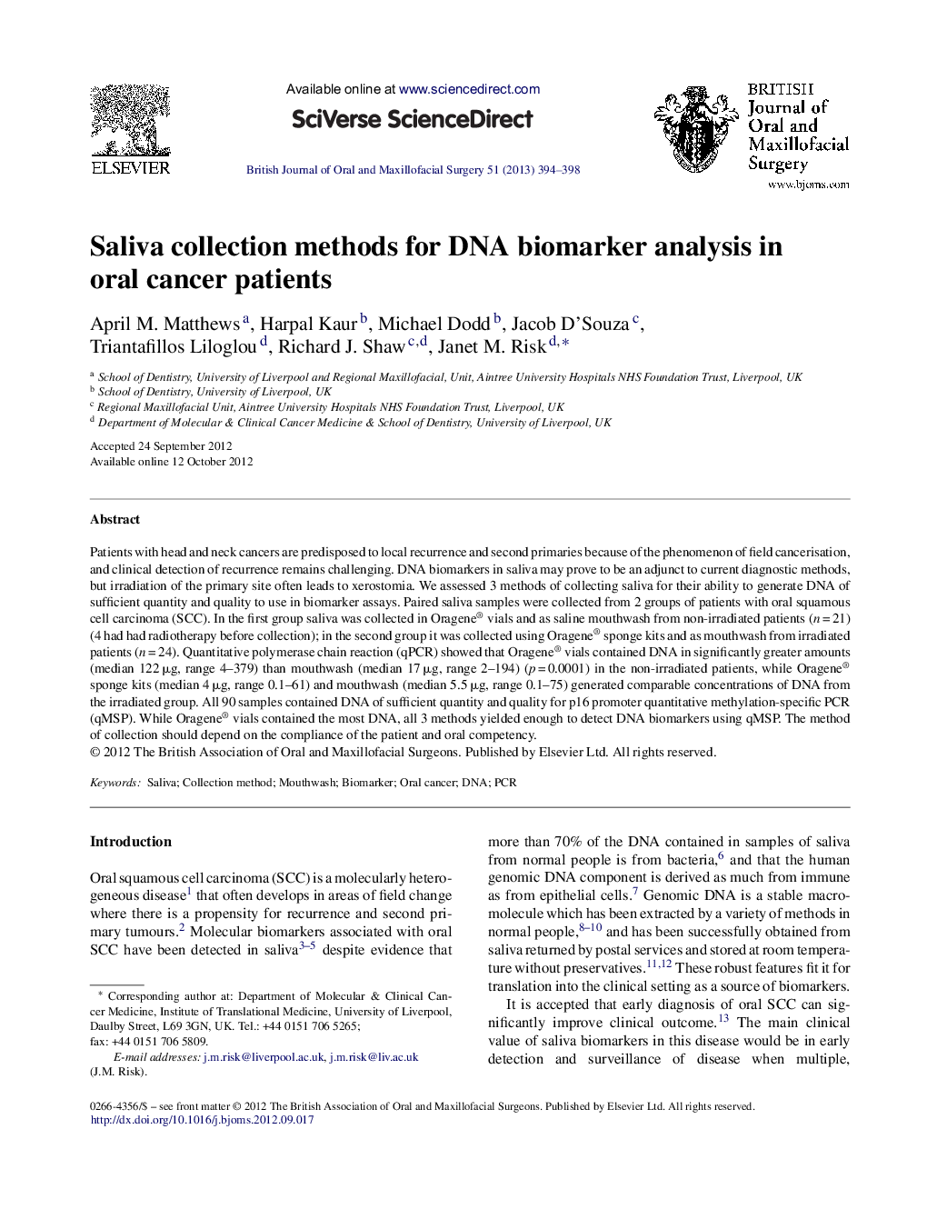 Saliva collection methods for DNA biomarker analysis in oral cancer patients