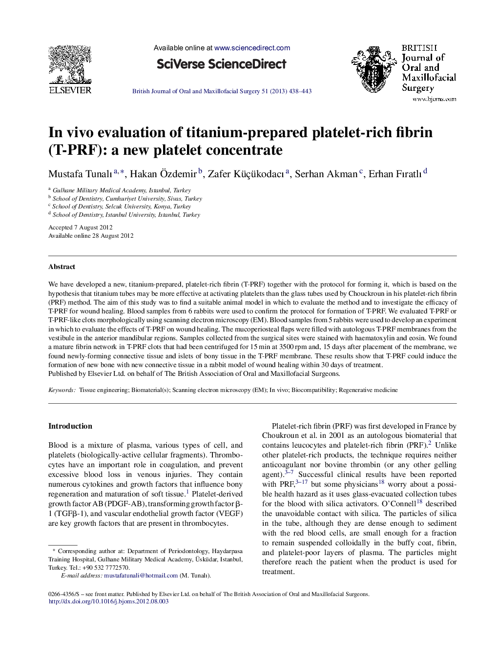 In vivo evaluation of titanium-prepared platelet-rich fibrin (T-PRF): a new platelet concentrate