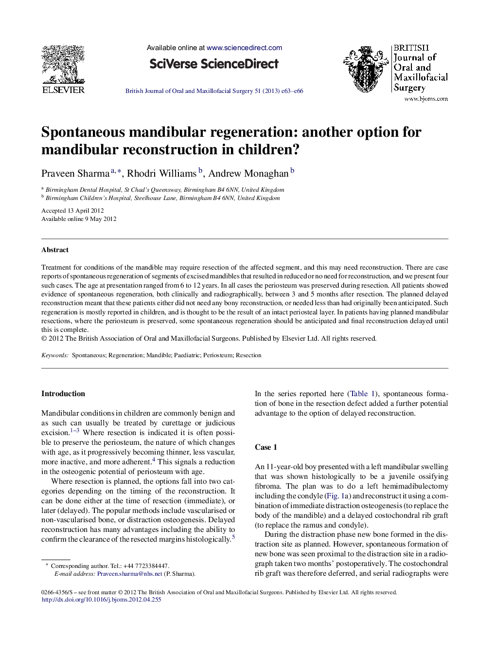 Spontaneous mandibular regeneration: another option for mandibular reconstruction in children?