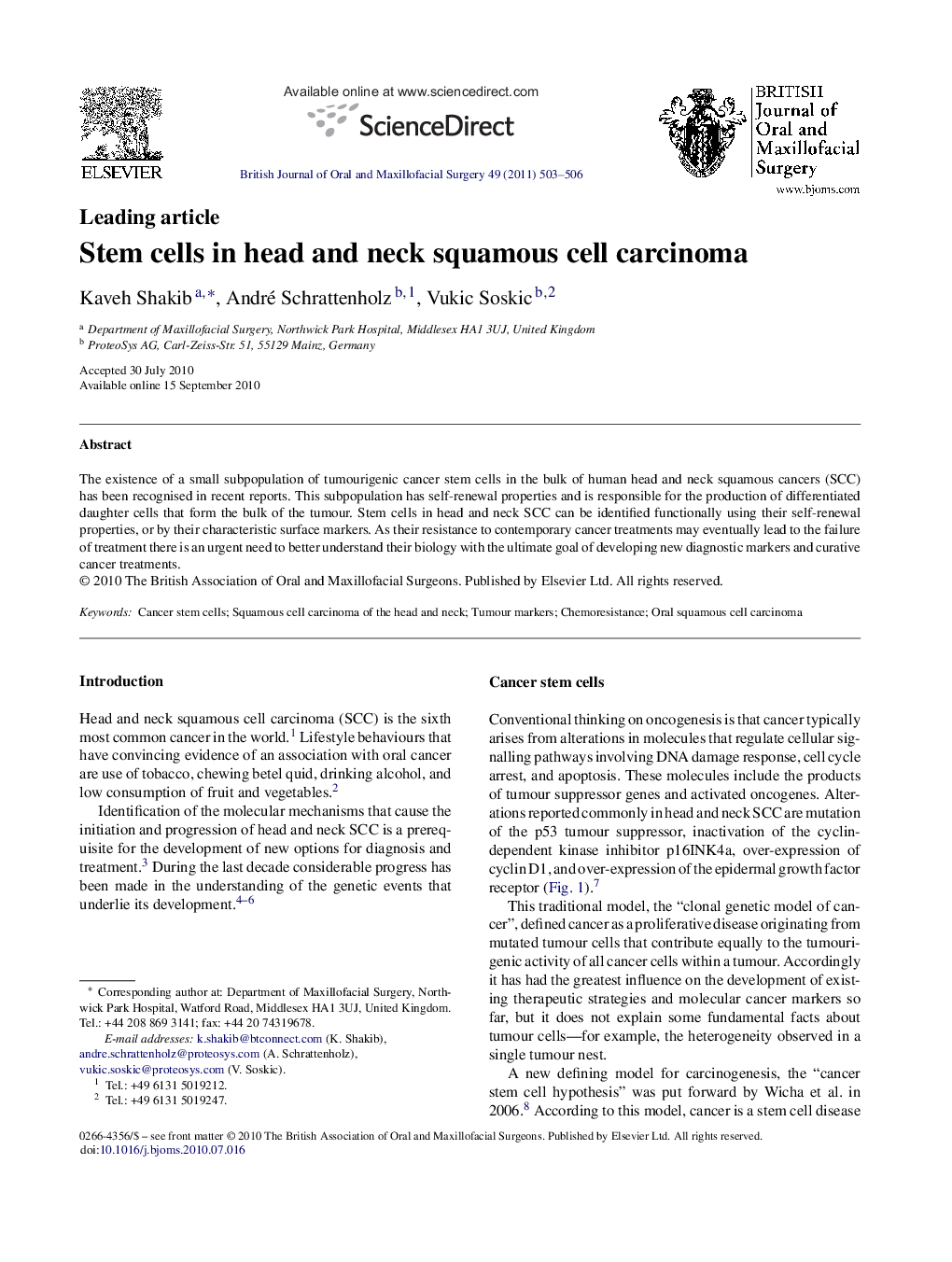 Stem cells in head and neck squamous cell carcinoma