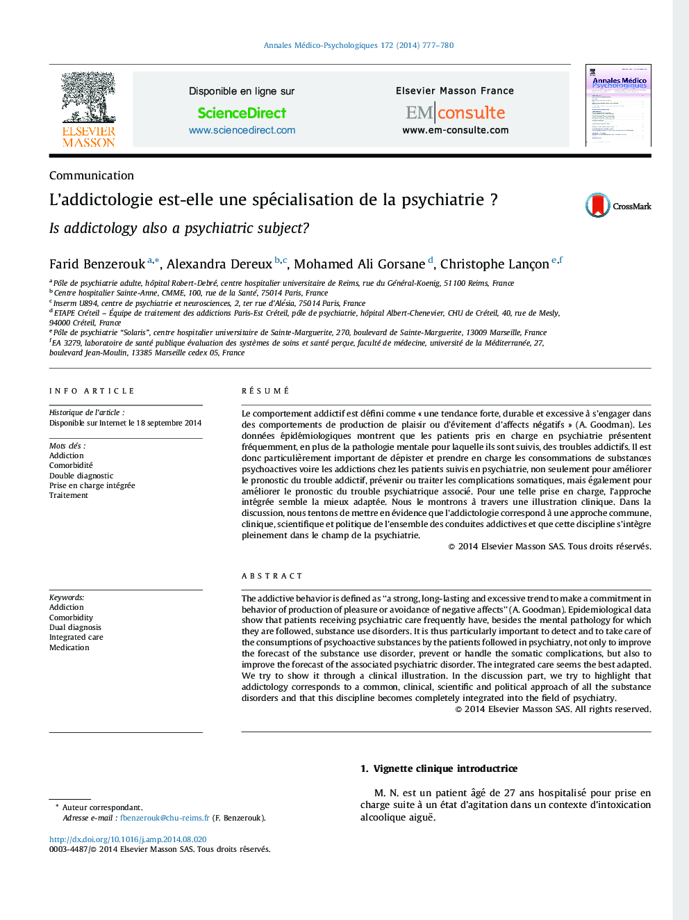 L’addictologie est-elle une spécialisation de la psychiatrie ?