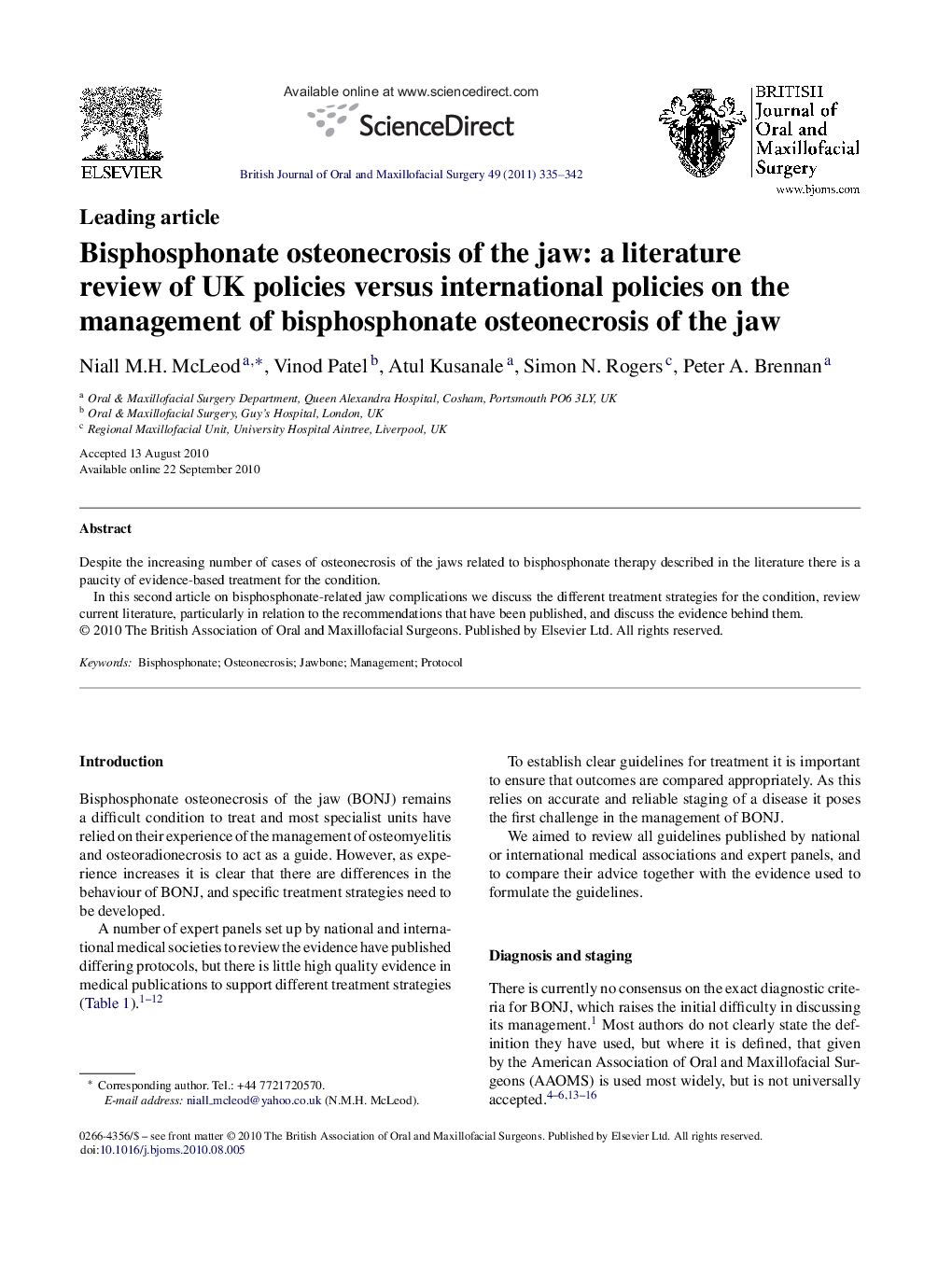 Bisphosphonate osteonecrosis of the jaw: a literature review of UK policies versus international policies on the management of bisphosphonate osteonecrosis of the jaw