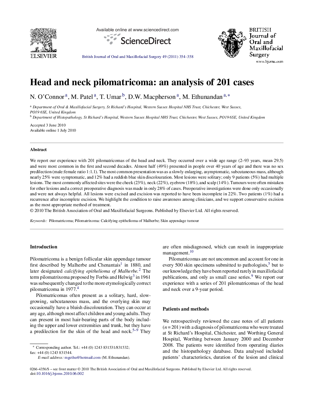 Head and neck pilomatricoma: an analysis of 201 cases