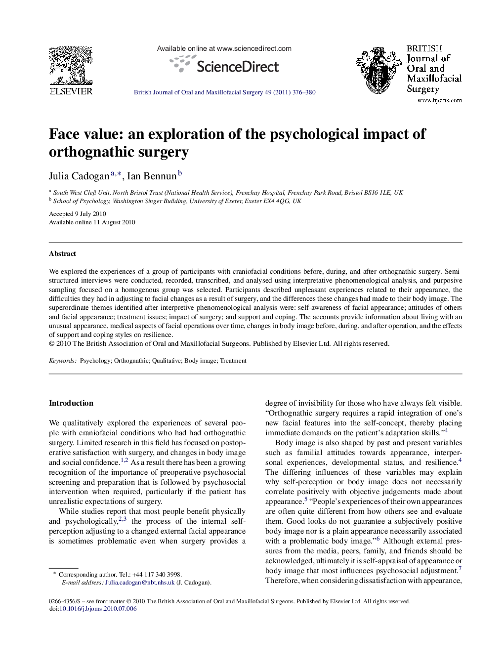 Face value: an exploration of the psychological impact of orthognathic surgery