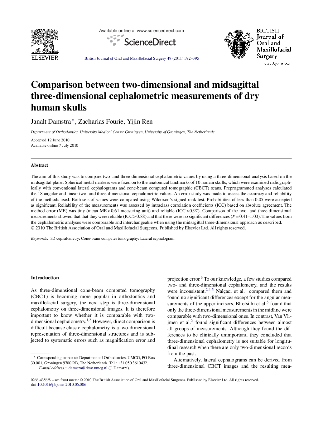 Comparison between two-dimensional and midsagittal three-dimensional cephalometric measurements of dry human skulls