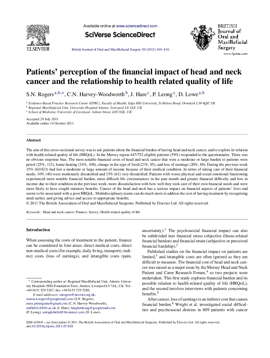 Patients’ perception of the financial impact of head and neck cancer and the relationship to health related quality of life