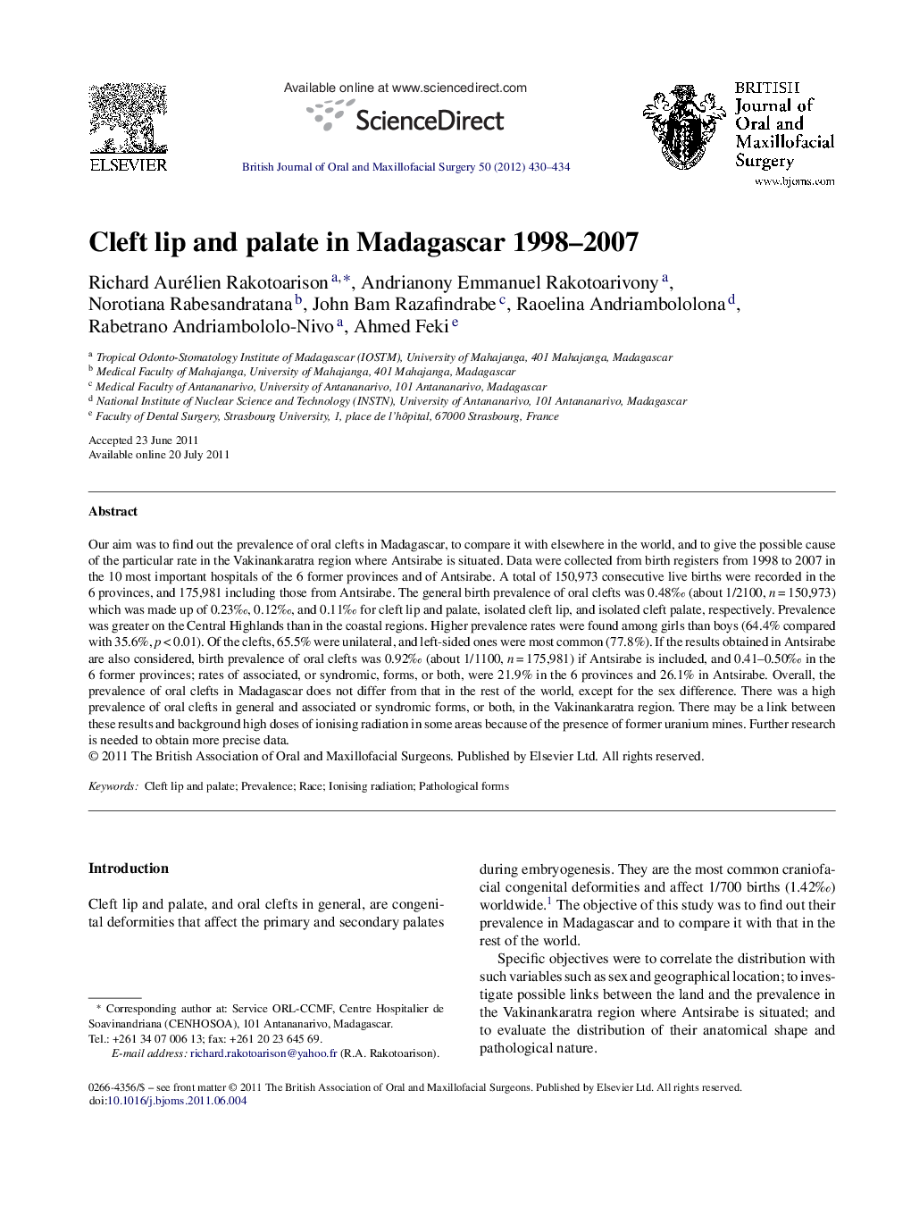 Cleft lip and palate in Madagascar 1998–2007