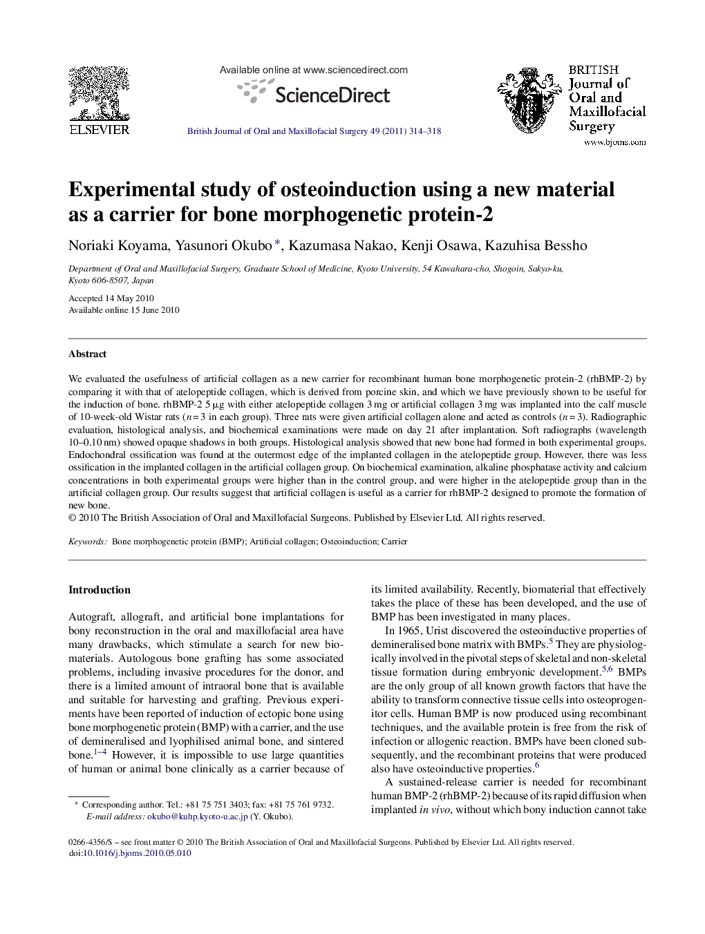 Experimental study of osteoinduction using a new material as a carrier for bone morphogenetic protein-2