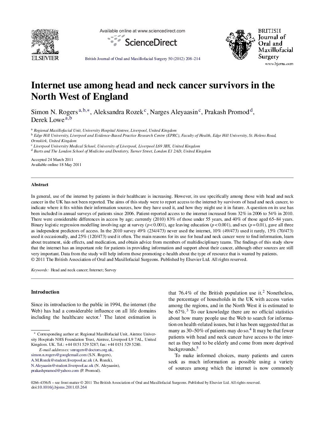 Internet use among head and neck cancer survivors in the North West of England