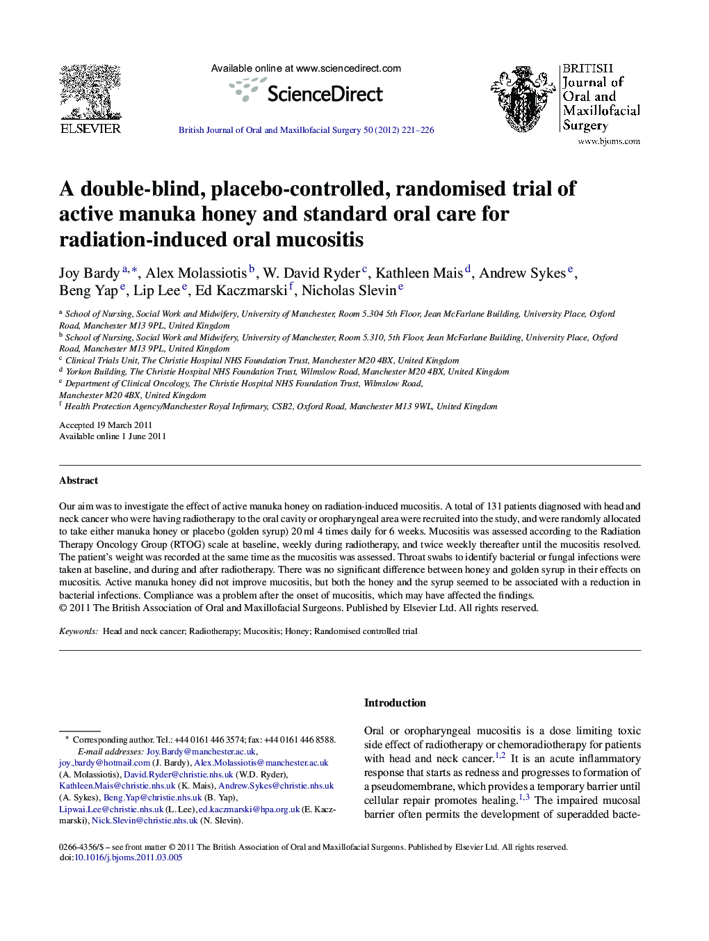 A double-blind, placebo-controlled, randomised trial of active manuka honey and standard oral care for radiation-induced oral mucositis