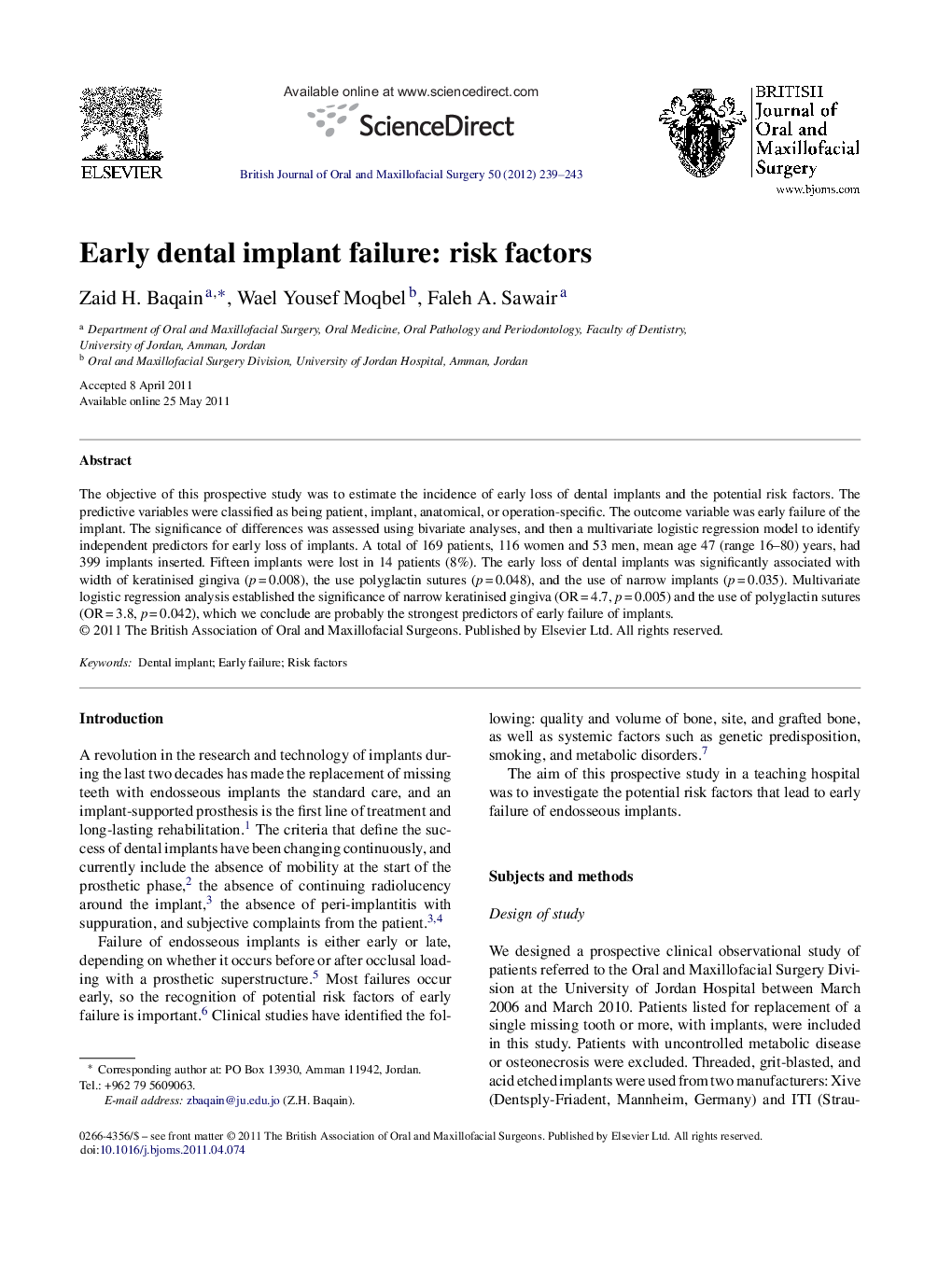 Early dental implant failure: risk factors