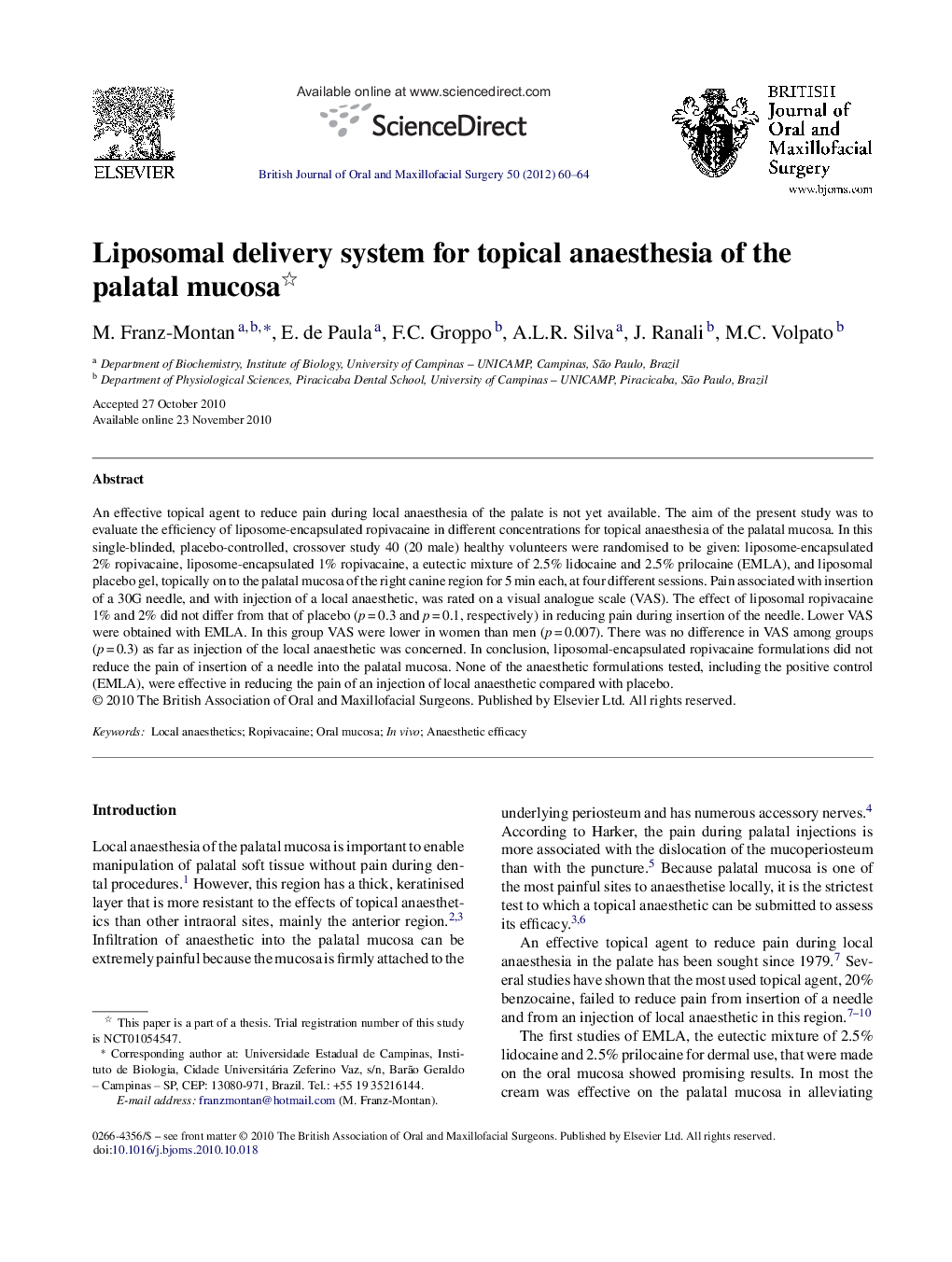 Liposomal delivery system for topical anaesthesia of the palatal mucosa 