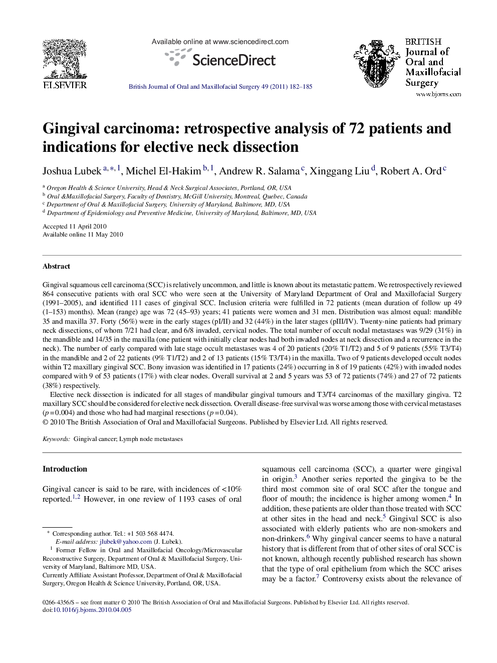 Gingival carcinoma: retrospective analysis of 72 patients and indications for elective neck dissection