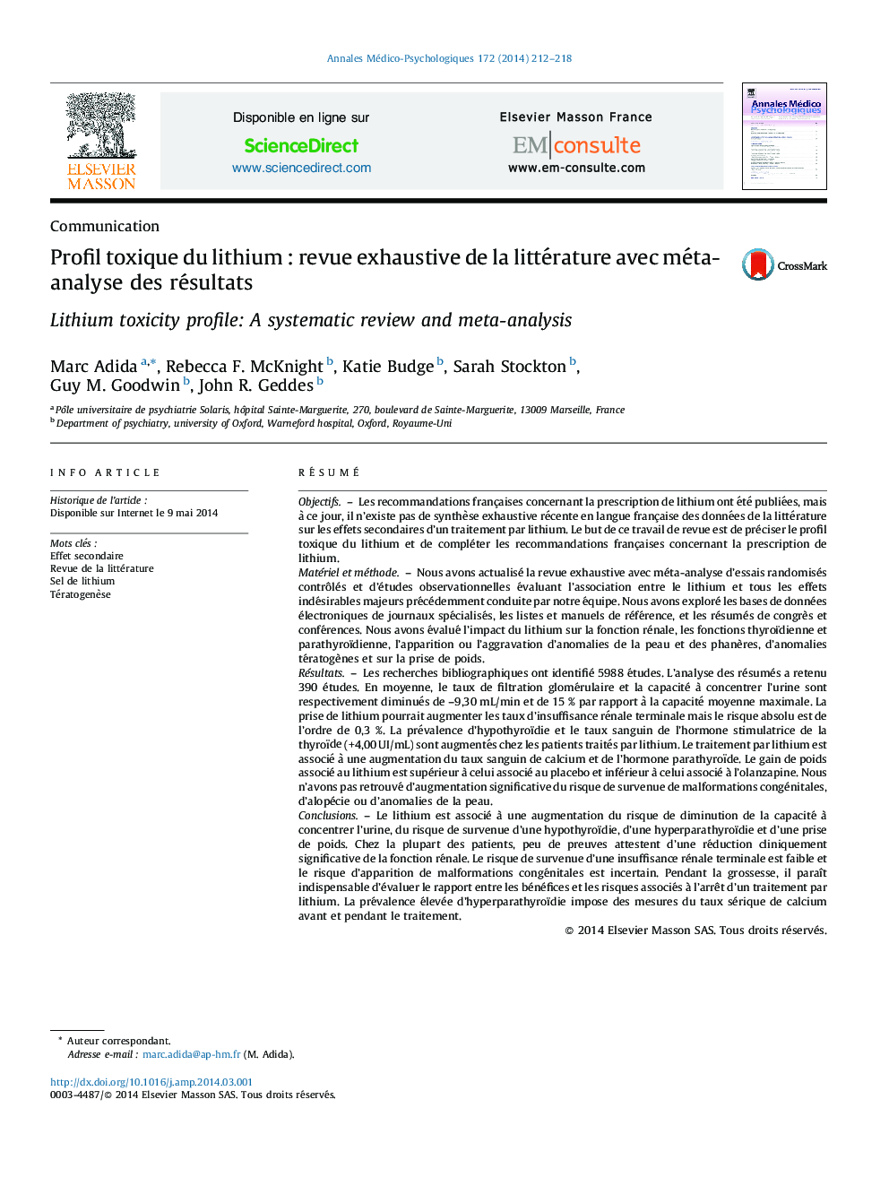 Profil toxique du lithium : revue exhaustive de la littérature avec méta-analyse des résultats