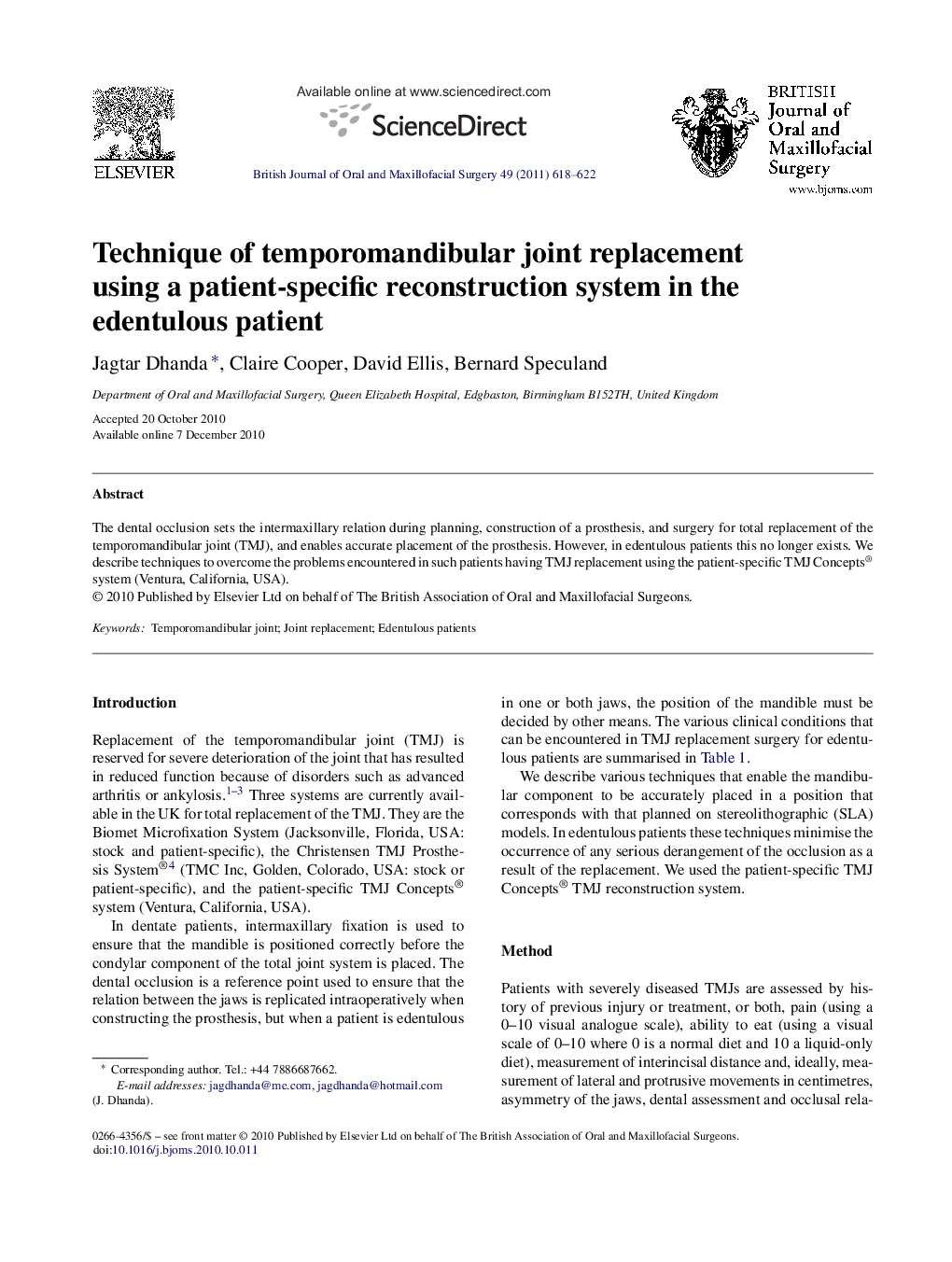 Technique of temporomandibular joint replacement using a patient-specific reconstruction system in the edentulous patient