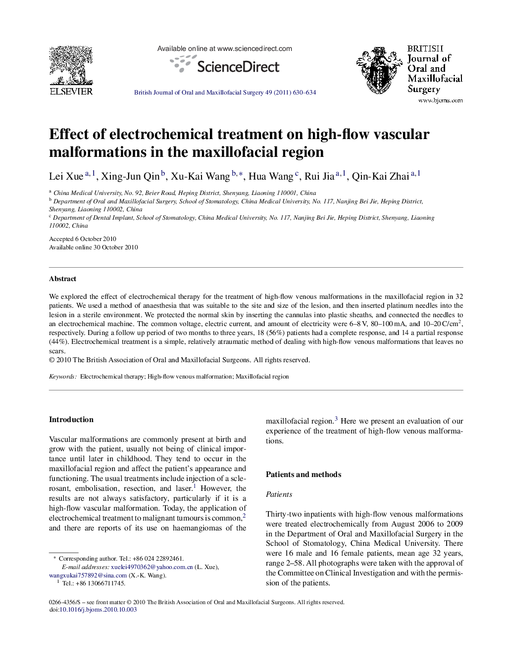 Effect of electrochemical treatment on high-flow vascular malformations in the maxillofacial region