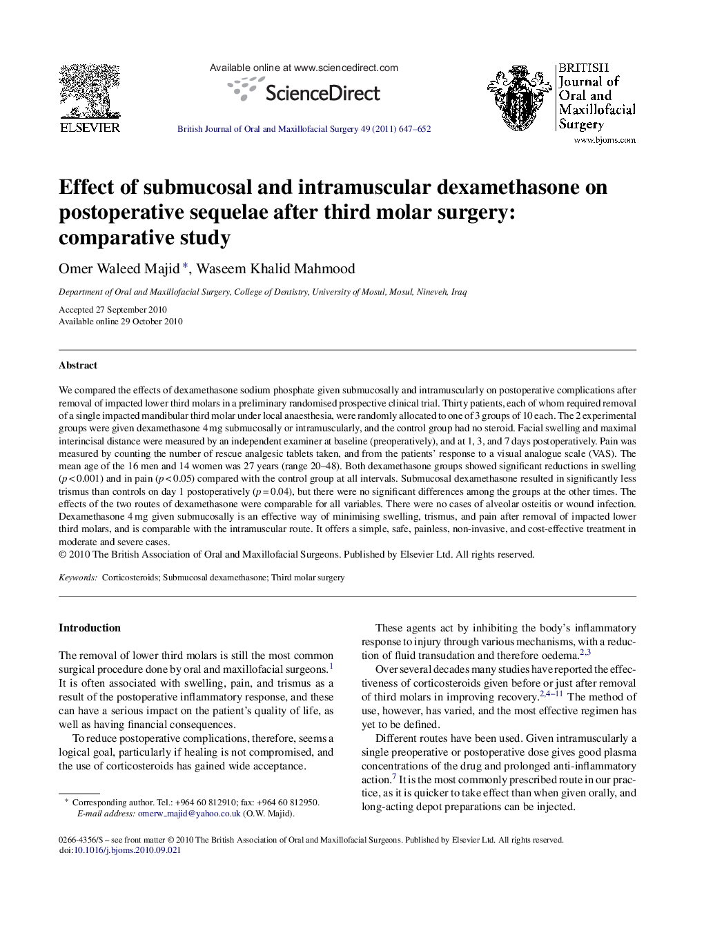 Effect of submucosal and intramuscular dexamethasone on postoperative sequelae after third molar surgery: comparative study