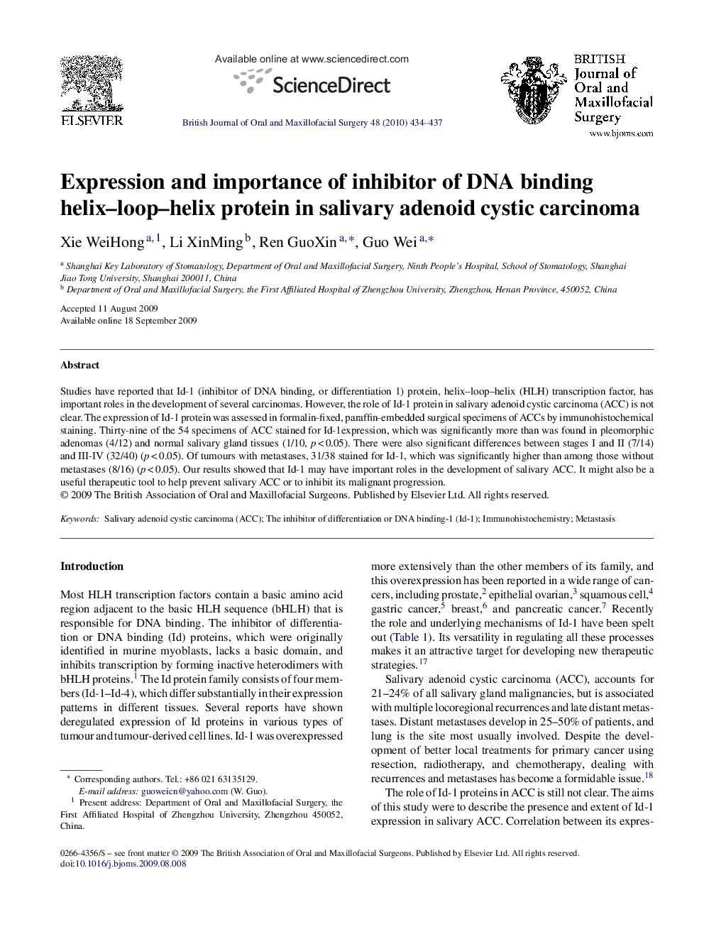 Expression and importance of inhibitor of DNA binding helix-loop-helix protein in salivary adenoid cystic carcinoma