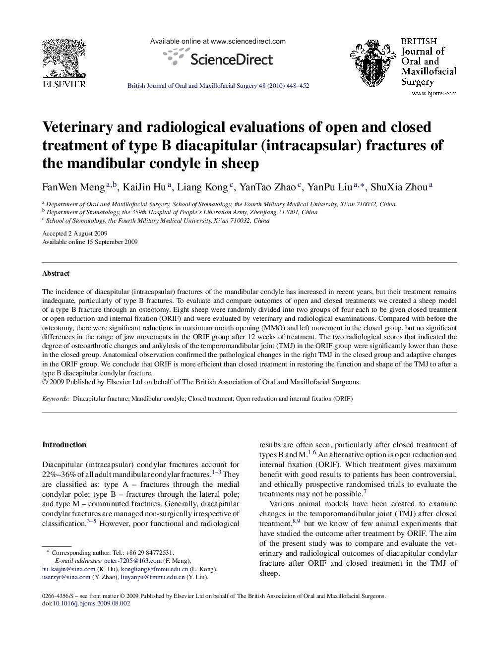 Veterinary and radiological evaluations of open and closed treatment of type B diacapitular (intracapsular) fractures of the mandibular condyle in sheep