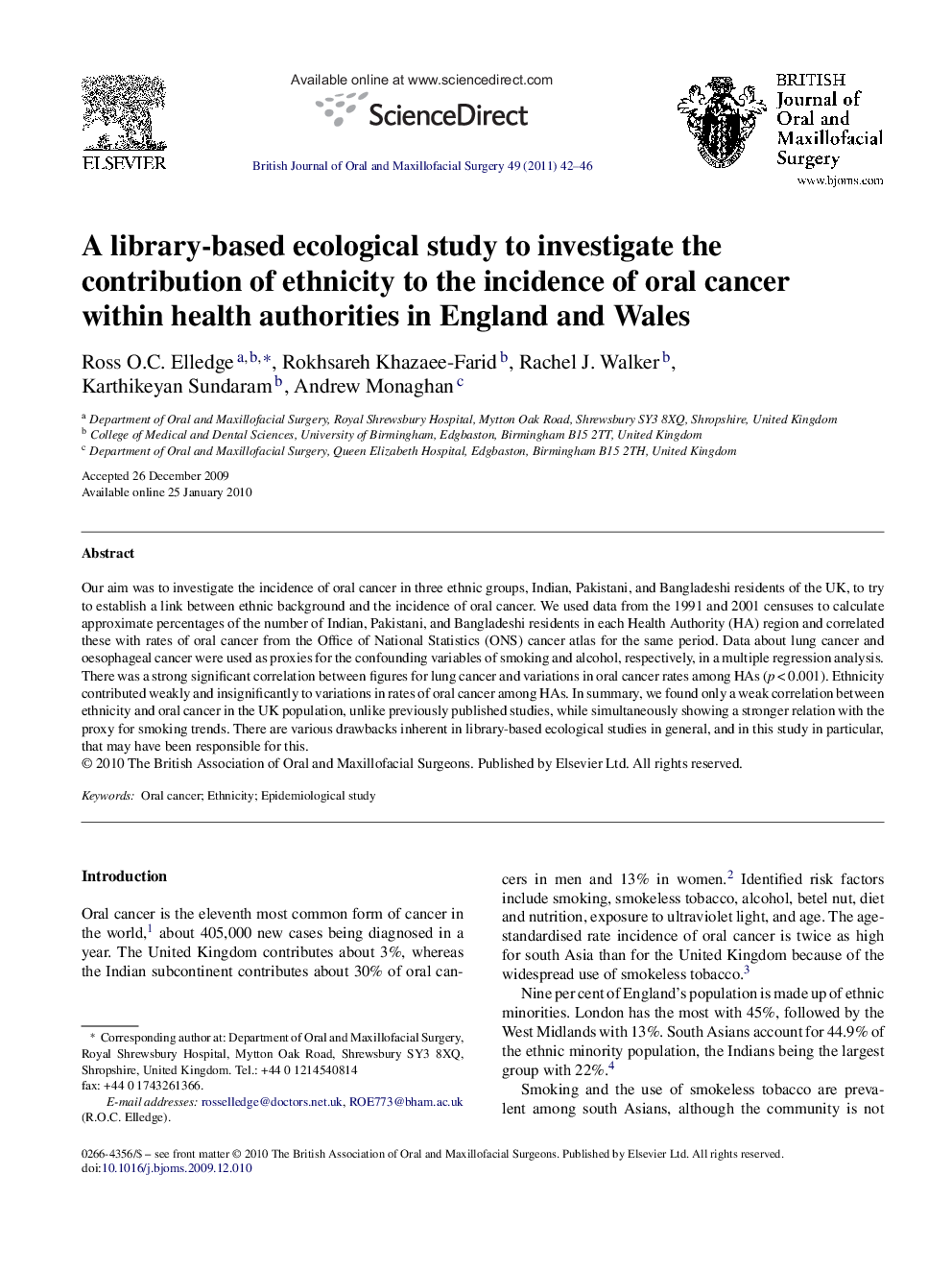 A library-based ecological study to investigate the contribution of ethnicity to the incidence of oral cancer within health authorities in England and Wales