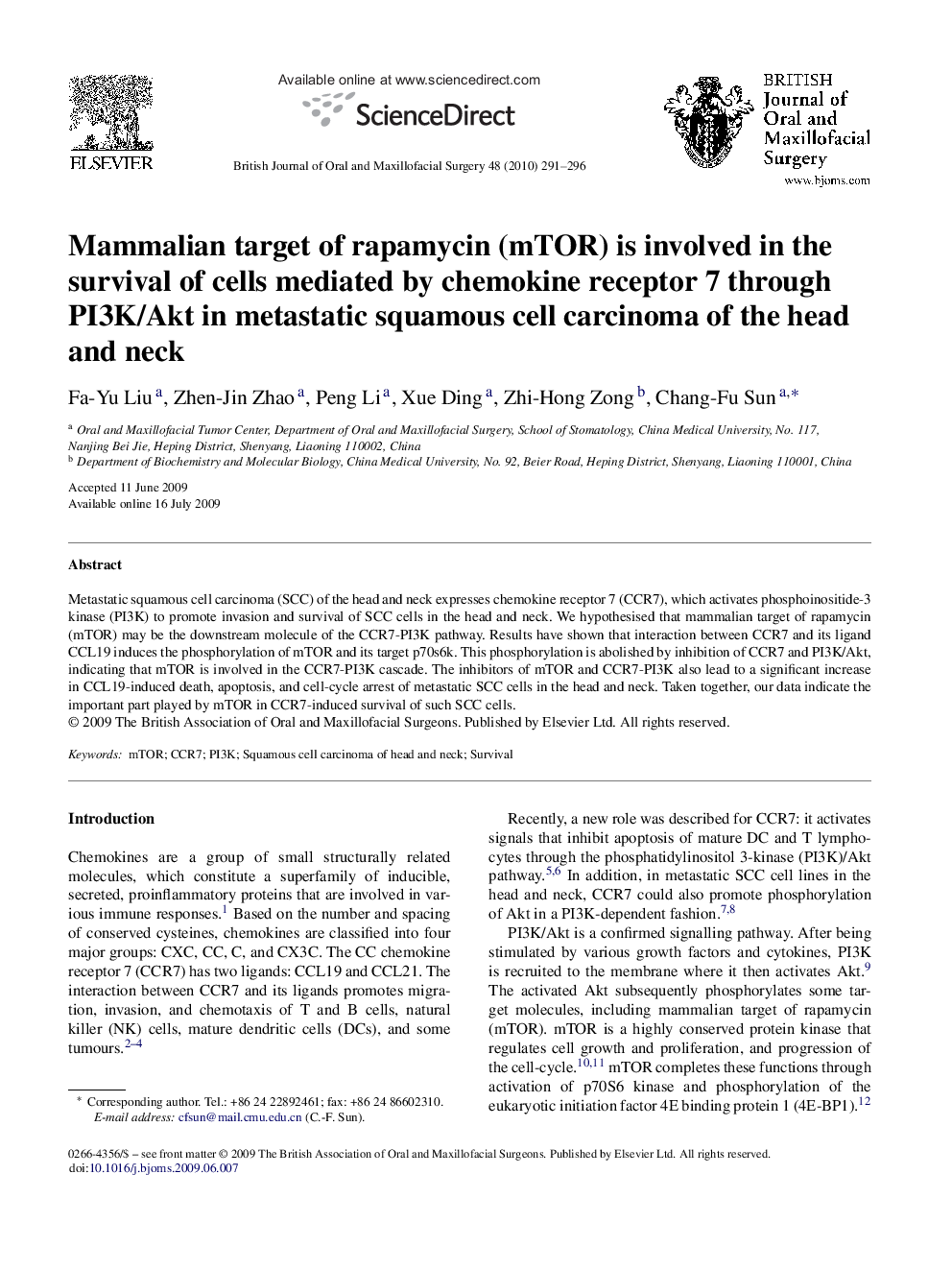 Mammalian target of rapamycin (mTOR) is involved in the survival of cells mediated by chemokine receptor 7 through PI3K/Akt in metastatic squamous cell carcinoma of the head and neck