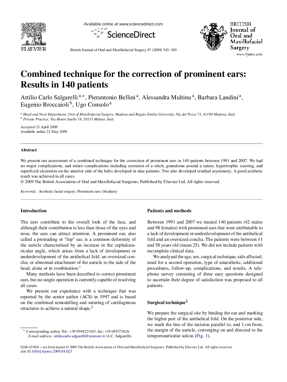Combined technique for the correction of prominent ears: Results in 140 patients