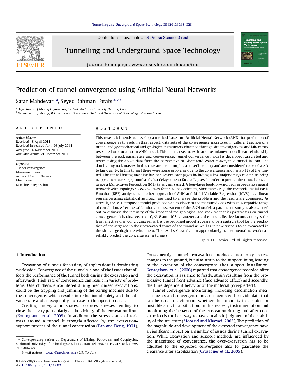 Prediction of tunnel convergence using Artificial Neural Networks