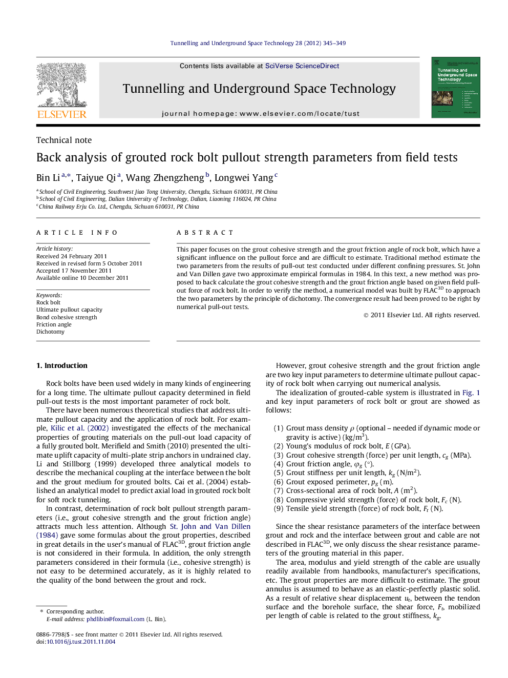 Back analysis of grouted rock bolt pullout strength parameters from field tests