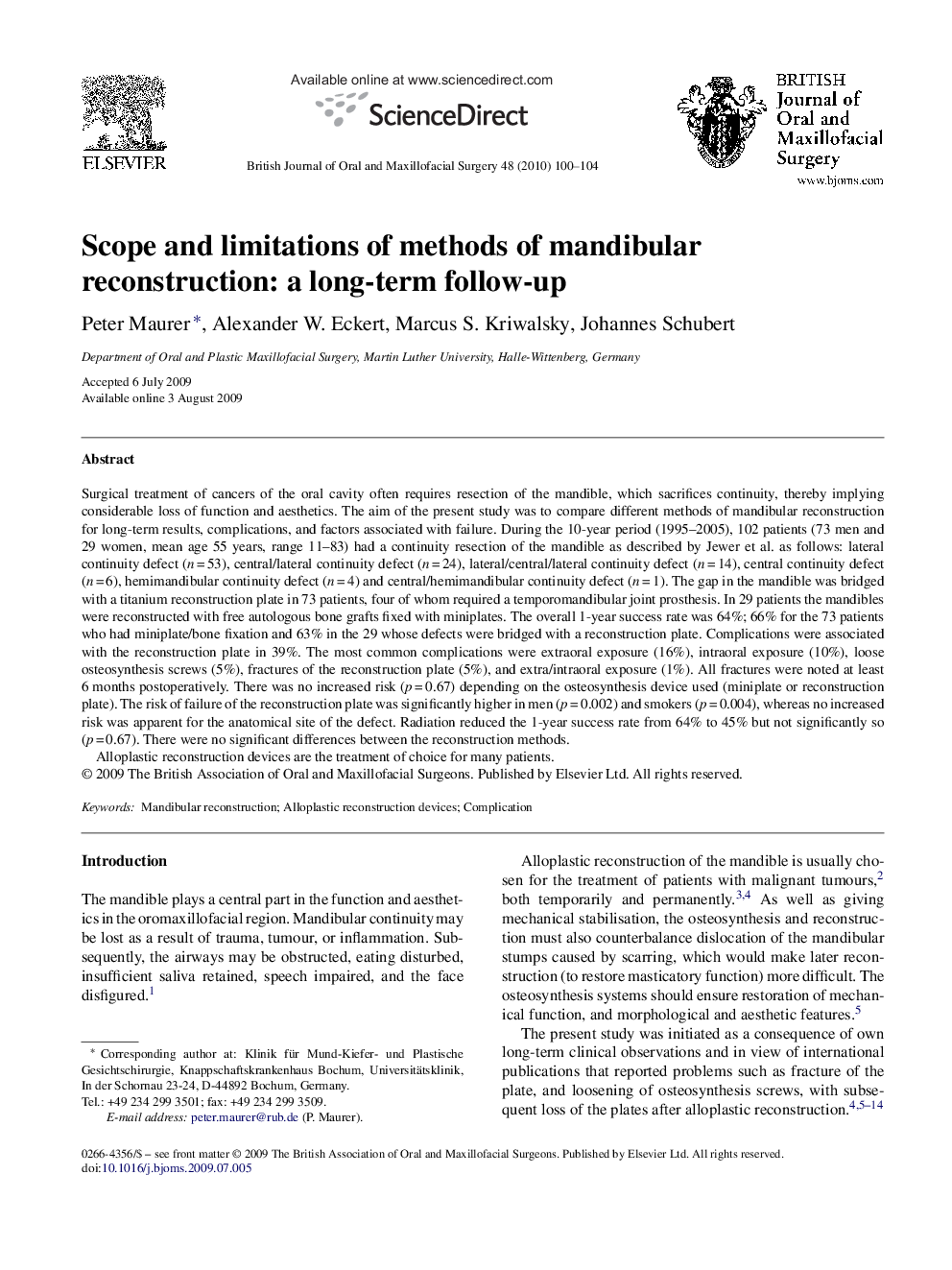 Scope and limitations of methods of mandibular reconstruction: a long-term follow-up