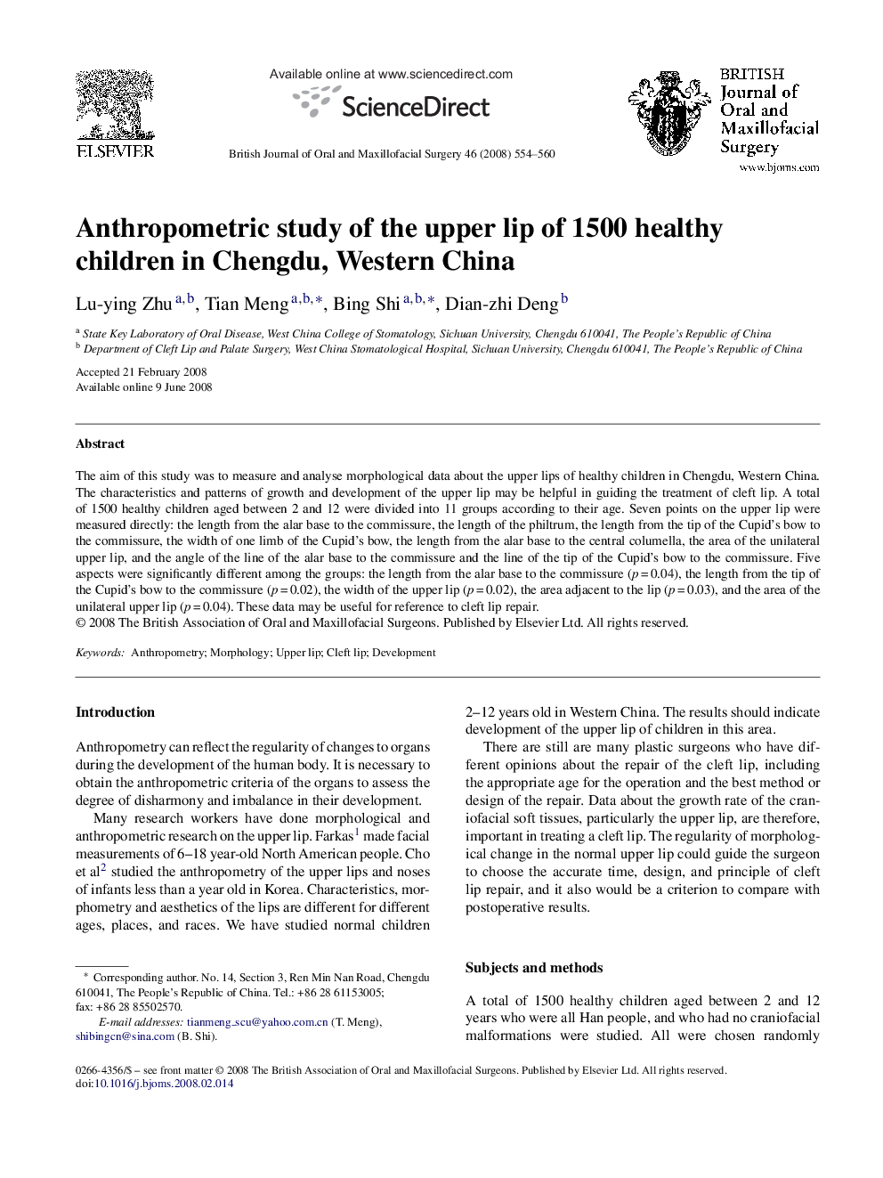 Anthropometric study of the upper lip of 1500 healthy children in Chengdu, Western China