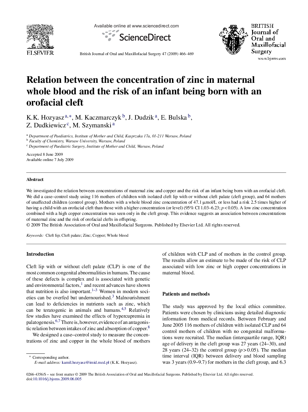 Relation between the concentration of zinc in maternal whole blood and the risk of an infant being born with an orofacial cleft