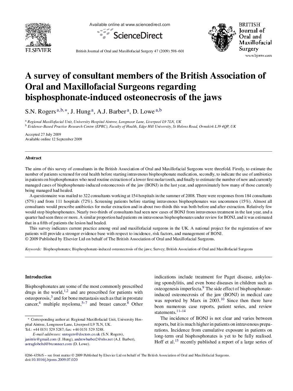 A survey of consultant members of the British Association of Oral and Maxillofacial Surgeons regarding bisphosphonate-induced osteonecrosis of the jaws